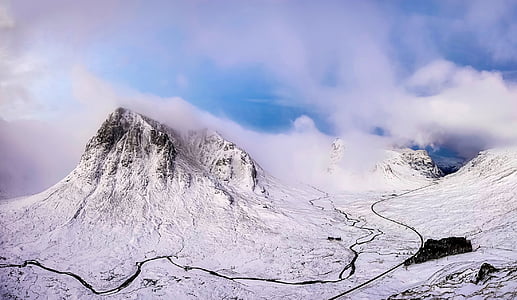 Skócia, táj, festői, hegyek, hó, téli, völgy