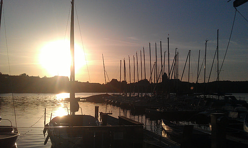 solen, solnedgång, vatten, hamn, sjön, Boot, fartyg