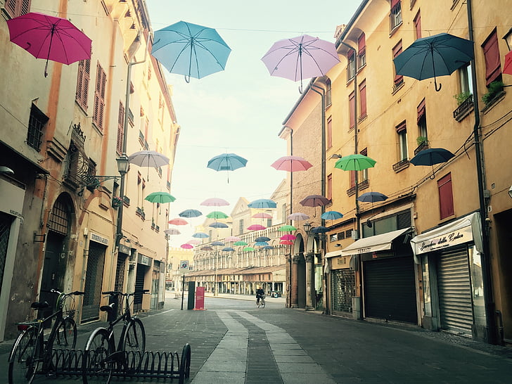 guarda-chuvas, arte, rua da cidade, cores, história, cidade, estrada