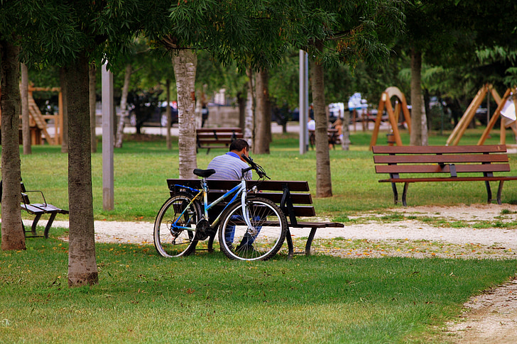Einsamkeit, Sitzbank, Mann, Fahrrad, Garten, Park, Bäume