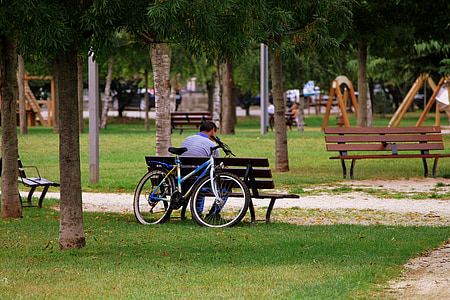 孤独, ベンチ, 男, 自転車, ガーデン, 公園, 木