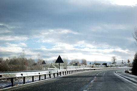 carretera, carretera, nubes, nieve, cielo, invierno, viajes