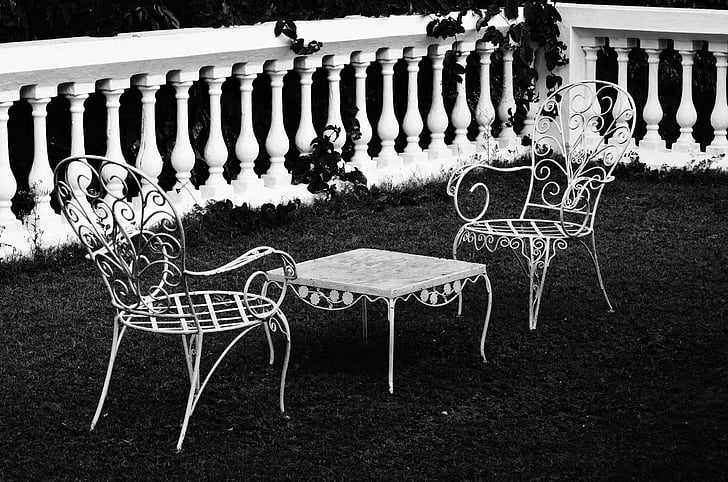 hitam dan putih, kursi, Vintage, putih, tempat duduk damai, kekosongan, suram