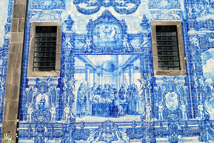 azulejos, cerámica, azul, Windows, Iglesia, Oporto, Portugal