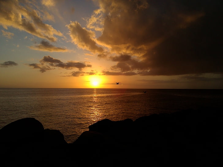 Tiefland, Guadeloupe, Fregatte, Sonnenuntergang, Meer, Natur, Strand