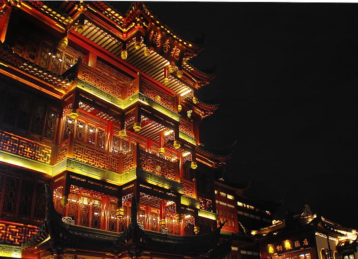 China, Shanghai, iluminare, nocturna, clădire, oraşul vechi