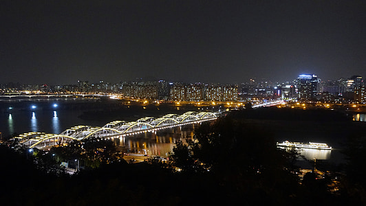 Seoul, vista di notte, fiume Han, Ponte sul fiume Han, Ponte, fotografia notturna, paesaggio di notte