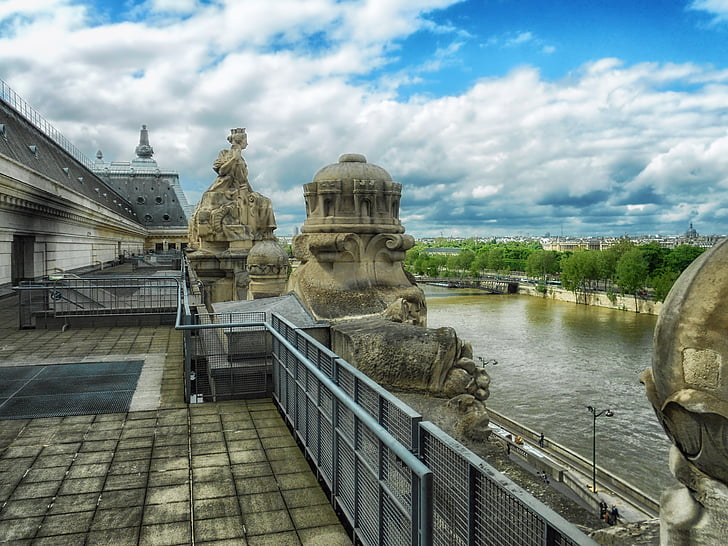 Muzeum Orsay, Paryż, Francja, Rzeka, Sekwana, niebo, chmury