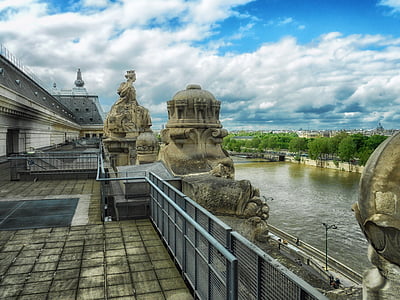 musee d'orsay, paris, france, river, seine, sky, clouds