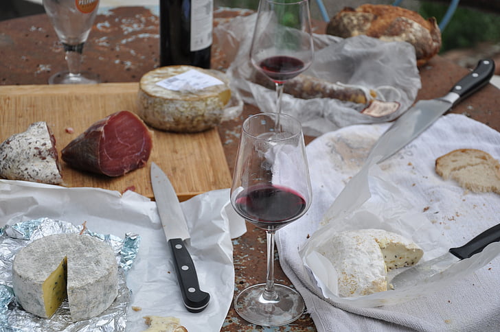picnic, cheese, wine, food, bread, table, meal