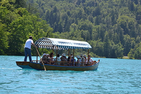 august, Bled, bådene, stigen, blå vand, turist, Slovenien