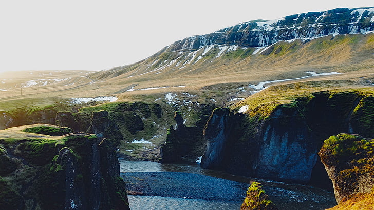 Исландия, планини, тундра, пейзаж, фиорд, река, вода
