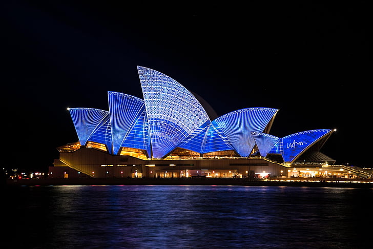 arkitektur, Australien, byggnad, lampor, Sydney, turistattraktion, natt