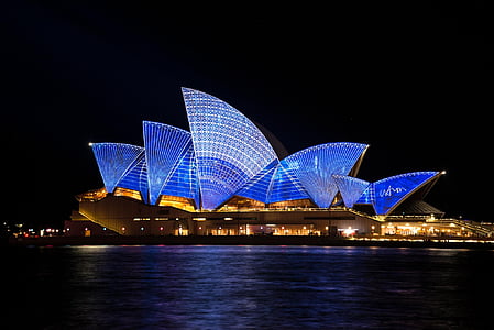 architecture, australia, building, lights, sydney, tourist attraction, night