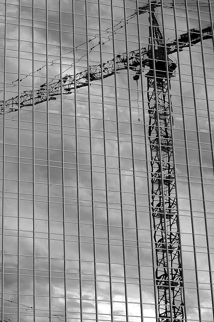 ēka, pārdomas, stikls, Windows, būvniecība, Crane, debesis