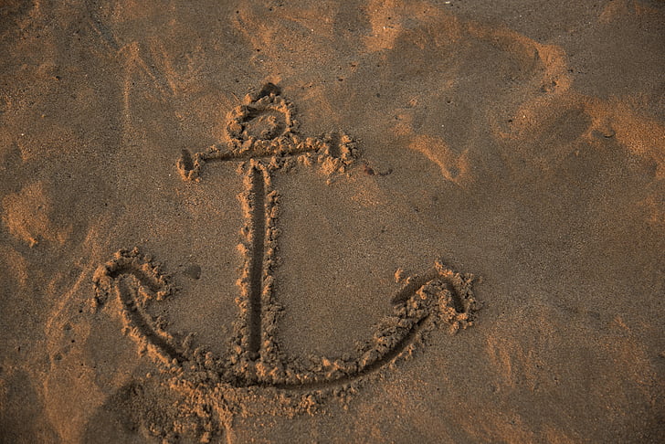 pegadas, jogo, Anchor, praia, areia, beira do mar, areia da praia