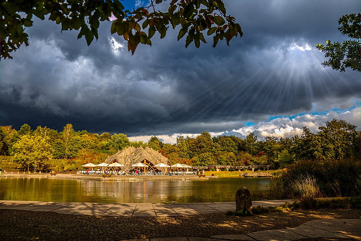 water, sky, clouds, landscape, lake, nature, tree