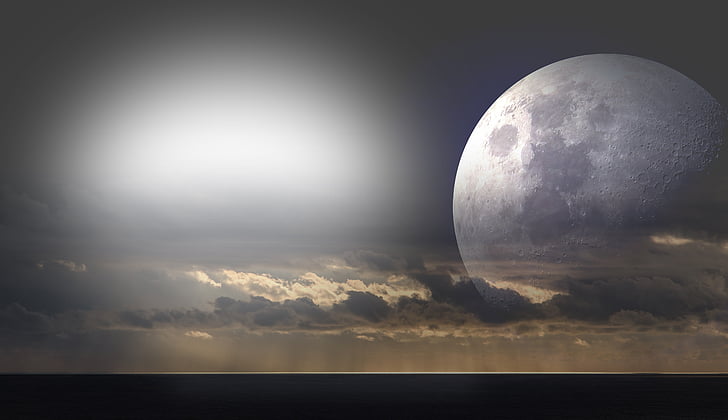 mjesec, more, oblaci, svjetlo, mistično, pun mjesec, nebo