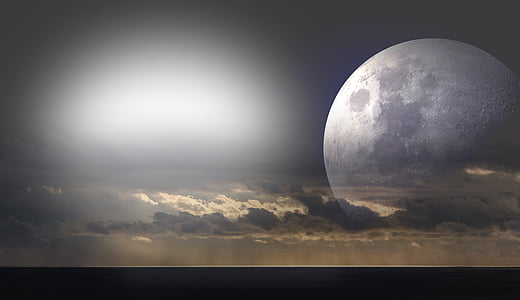 lua, mar, nuvens, luz, místico, lua cheia, céu