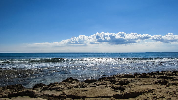 Кипр, скалистый берег, мне?, Береговая линия, небо, облака, Горизонт