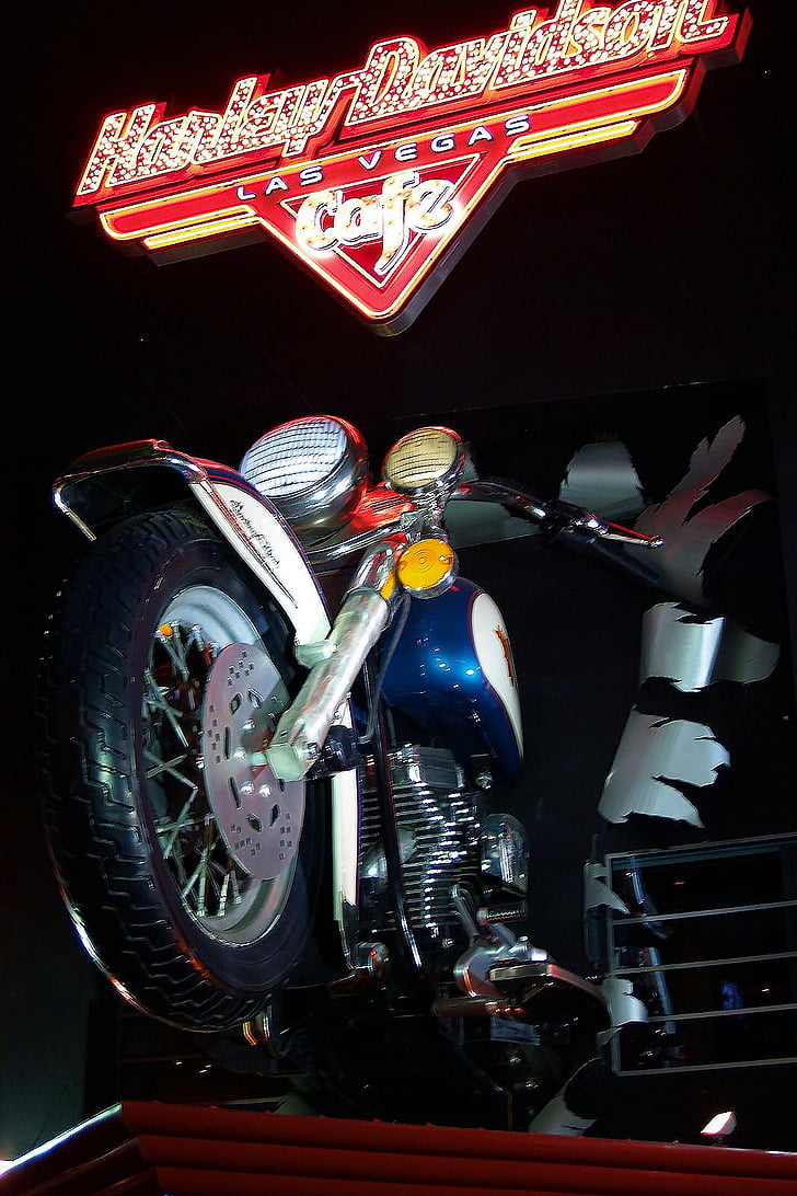 bici, Harley davidson, pubblicizzare, notte, al neon, luci, Las vegas