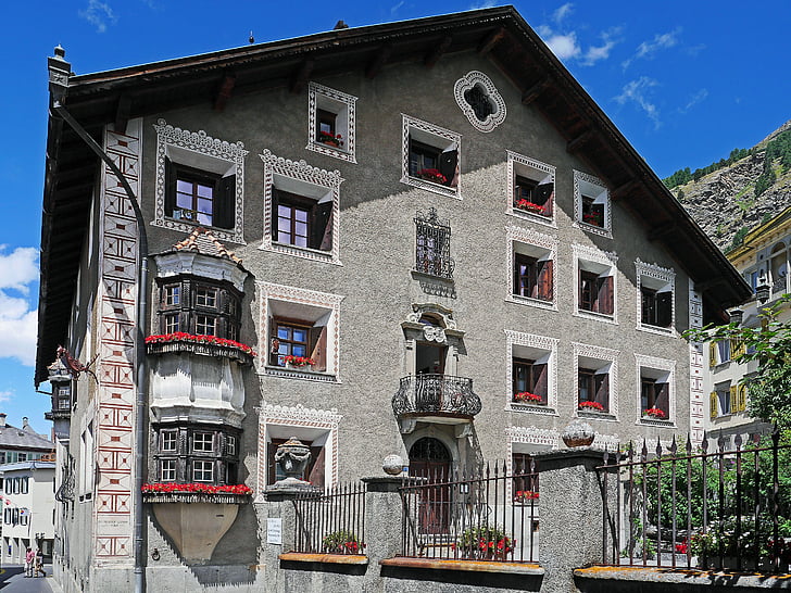 Švajčiarsko, Engadin, meštiansky dom, typické, Pontresina, Rhätikon, Graubünden