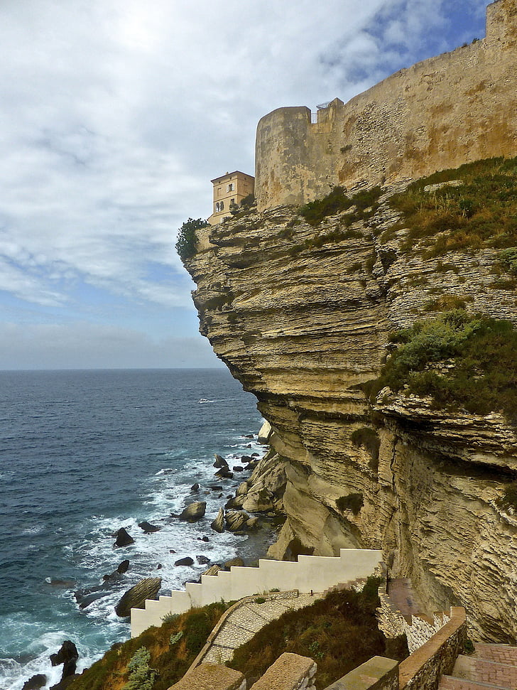 cliff, bonifacio, corsica, seascape, coastal, citadel, building