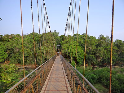 bridge, hanging, suspension, rope, cable, river, footbridge