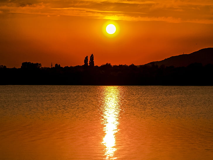 landscape, pond, twilight, sun