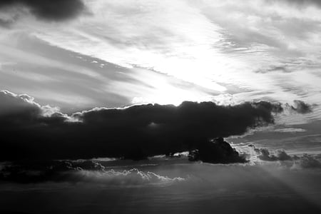 en blanc i negre, núvols, dramàtica, llum, monocrom, natura, cel