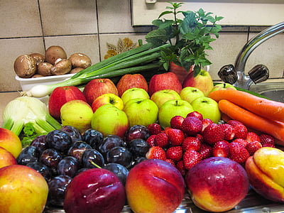 과일, 과일, 버섯, 허브, 박하, 독일 양파, 봄 양파
