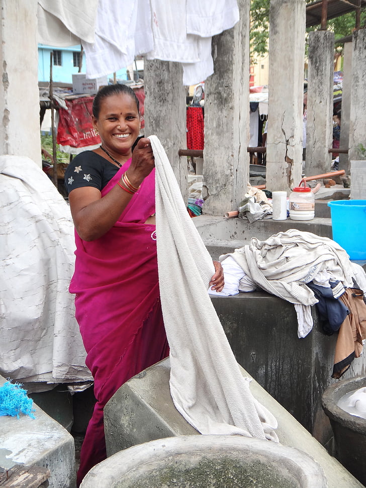 Dhobi, Indien, bricka, kvinna, kläder, tvätt, tvätt