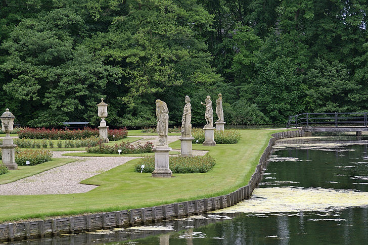 – Isselburg, Vokietija, turto, skulptūros, tvenkinys, vandens, medžiai