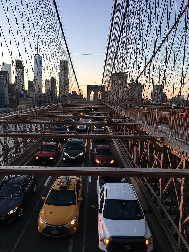 New york, brug, taxi 's, stad, skyline van New york, Manhattan, skyline