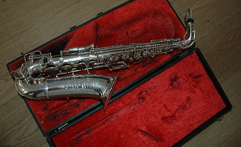 saxofon, muzica, saxofon, argint, vesel, jazz, valiza