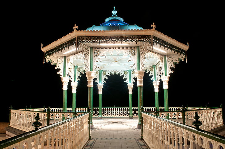 Brighton-zenepavilon, éjszaka, építészet, Kioszk, Brighton, szín, színes