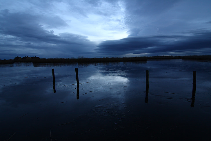 lake, sky, clouds, blue hour, mirroring, rest, twilight
