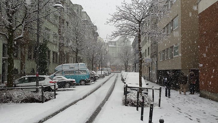 snö, vinter, staden, Köln, Deutz, däck spår, vinterdäck