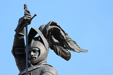 statue, knight, bronze, armor, elmo, sword, plume