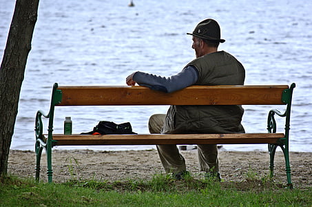 person, man, individually, sit, bank, bench, rest