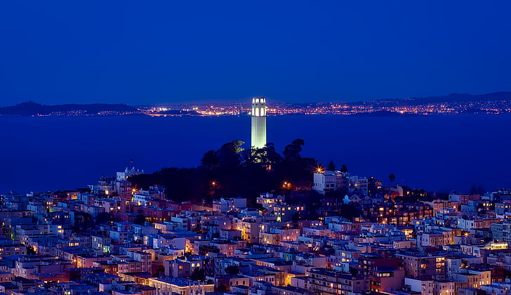 Coit tower, san francisco, California, punct de reper, istoric, noapte, lumini