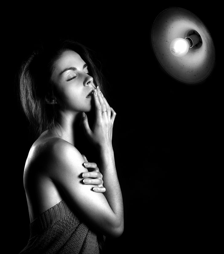 woman, light, the light bulb, girl, monochrome, character, replacement lamp