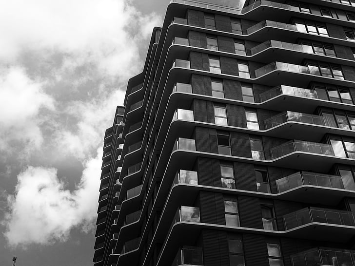 architecture, black-and-white, building, monochrome, perspective, skyscraper