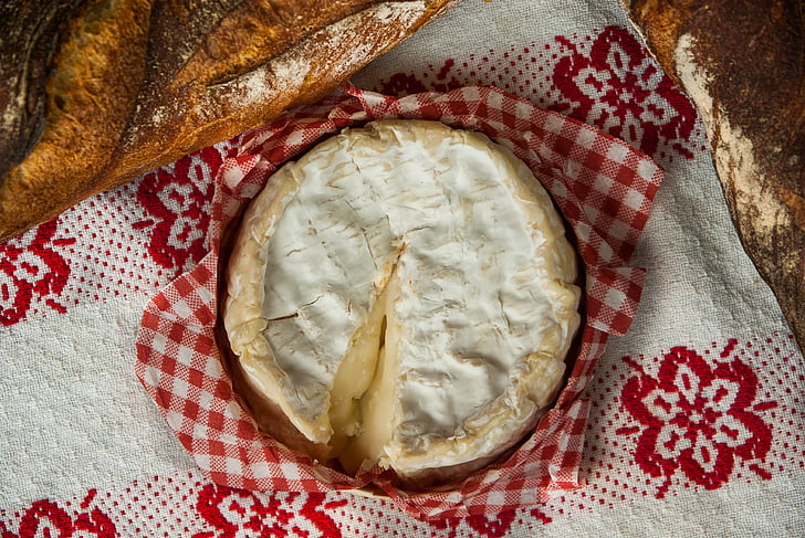 normandy, camembert, cheese, milk, tablecloth, indoors, bread