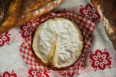 Normandie, Camembert, ost, mjölk, bordsduk, inomhus, bröd