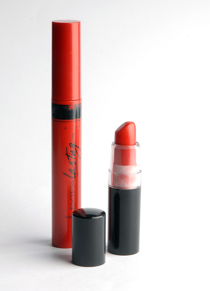 lipstick, mascara, red, black, modern still life