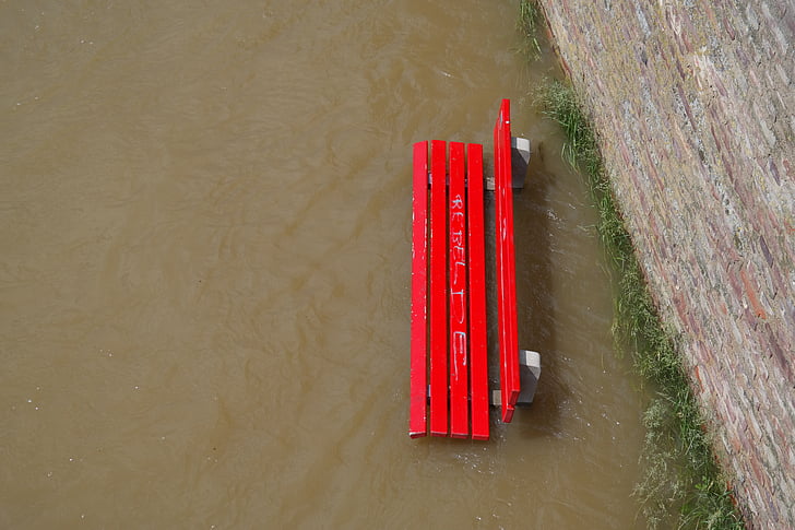 high water, flooding, park bench, red, bank, in the water, flooded