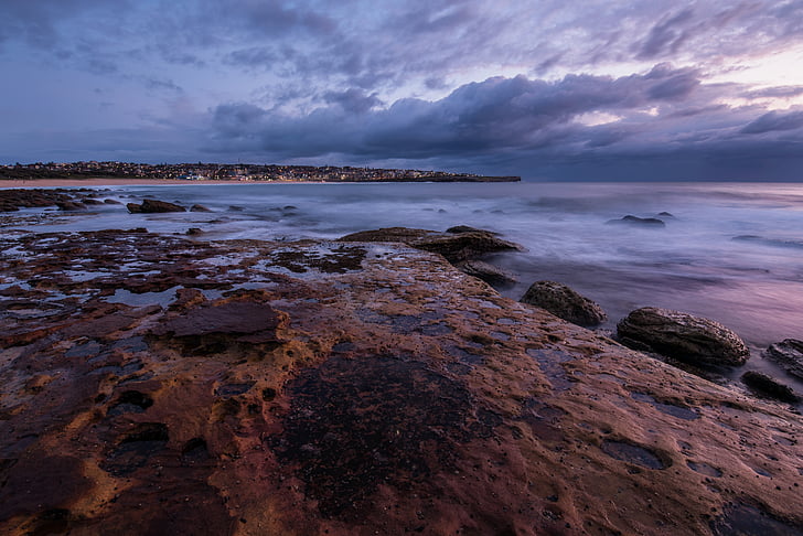 морський пейзаж, Сідней, Австралія, Схід сонця, гірські породи, відбиття, фіолетовий