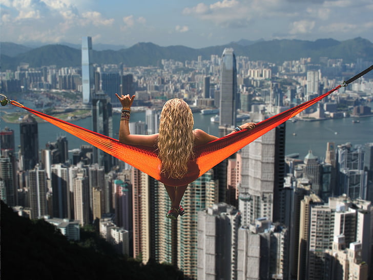 tempat tidur gantung, Gadis, Hong kong, relaksasi, tidak takut ketinggian, bersantai, berani