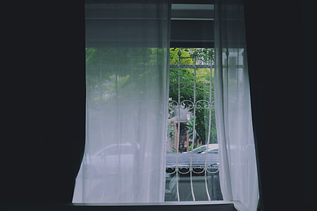 blizu, bela, zavese, okno, rešetke, Windows, dan